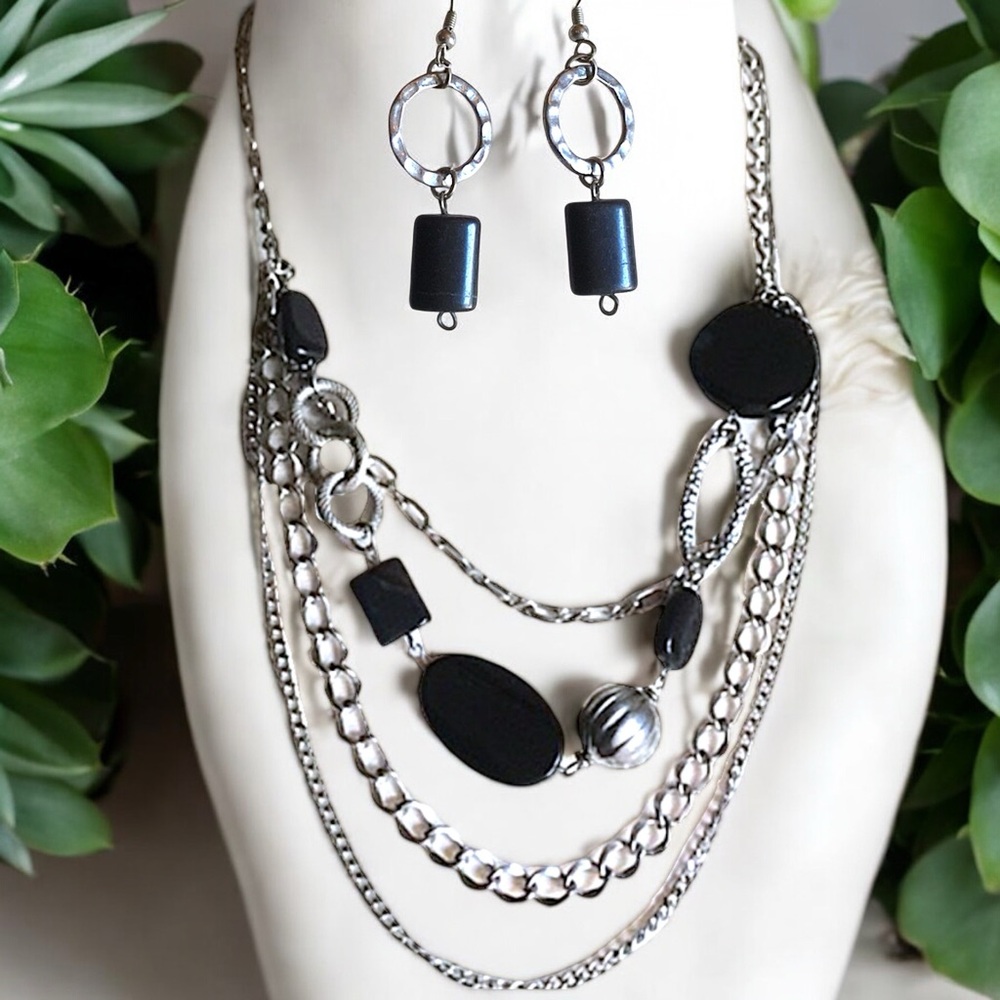 Black Stone & Silver 4-Strand-Drop Chain Necklace and Earrings Set